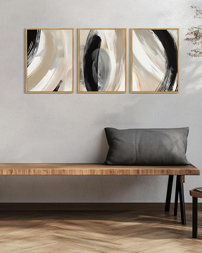 KUVIOKE Black Abstract Framed Wall Art Neutral Minimalist Graffiti Pastel Wall Decor Modern Illustration Art Painting for Bedroom Dining Room 12x16in (Natural Framed)