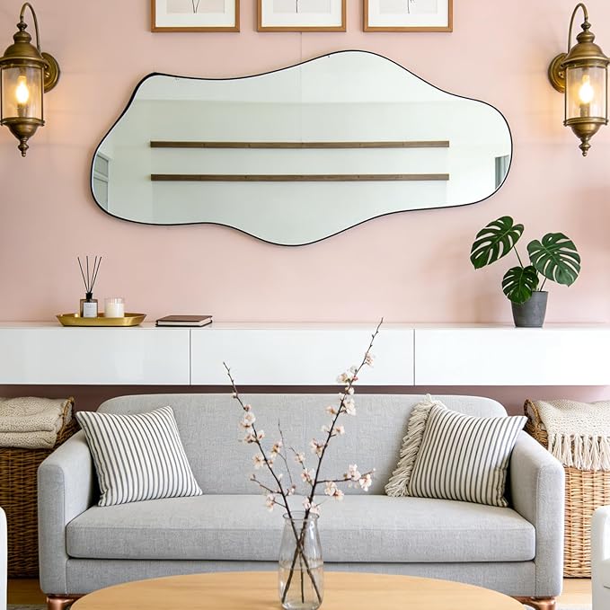 Irregular Mirror Full Length, 63"x29" Large Asymmetrical Wall Mirror for Dressing, Modern Black Metal Frame Abstract Wall Mirrors for Living Room Bathroom Bedroom Hallway Entryway