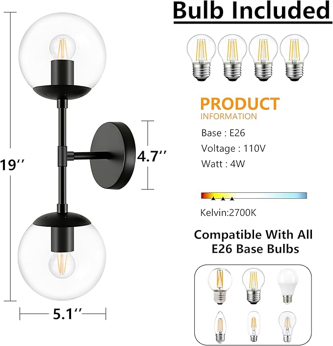 KoKo&Yukina 2 Pack Mid Century Modern Bathroom Vanity Light Matte Black Vanity Lighting Fixtures Modern Wall Sconce 2-Lights Globe Vanity Light with Clear Glass Shade for Bathroom(Bulb Incl.)