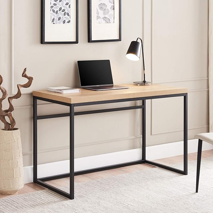 CENSI 47" Natural Oak Writing Computer Laptop PC Desk, Light Wood | Modern Industrial Writing Table, 1.6" Thick Wood Top, Sturdy Metal Frame, Home Office Workstation