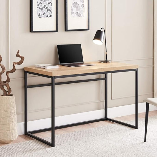 CENSI 47" Natural Oak Writing Computer Laptop PC Desk, Light Wood | Modern Industrial Writing Table, 1.6" Thick Wood Top, Sturdy Metal Frame, Home Office Workstation