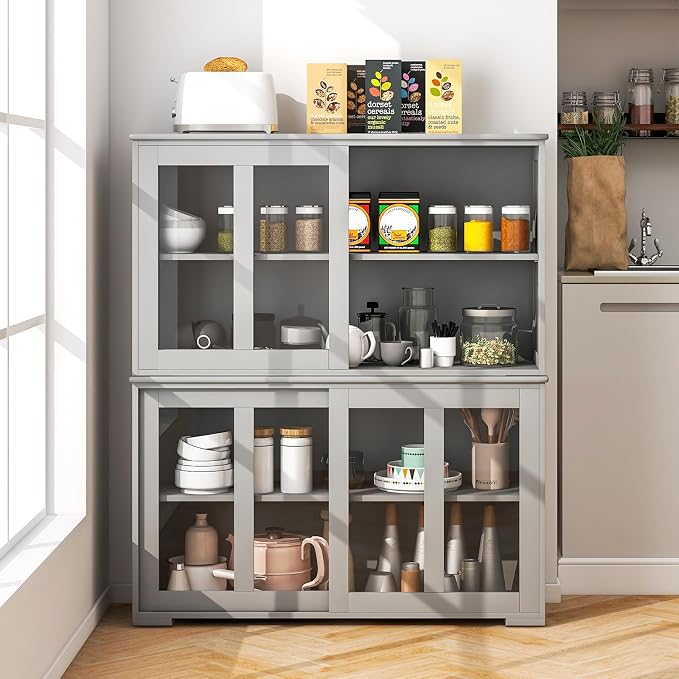 Byroce Sideboard Buffet Cabinet, Stackable Storage Coffee Bar Cabinet with Adjustable Shelf & Glass Sliding Doors, Wood Cupboard Credenza Console Table for Kitchen Dining Living Room (2, Grey)
