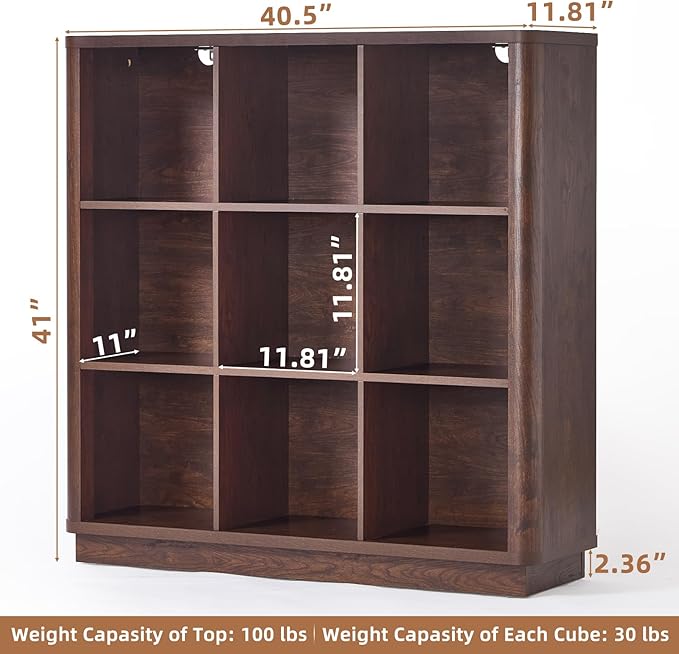 9 Cube Bookshelf, 41" Tall Organizer Bookcase with Curved Edge, Wood Floor Standing 3-Tier Cubby Book Shelf with Base, Vintage Display Storage Cabinet for Living Room, Home Office, Walnut