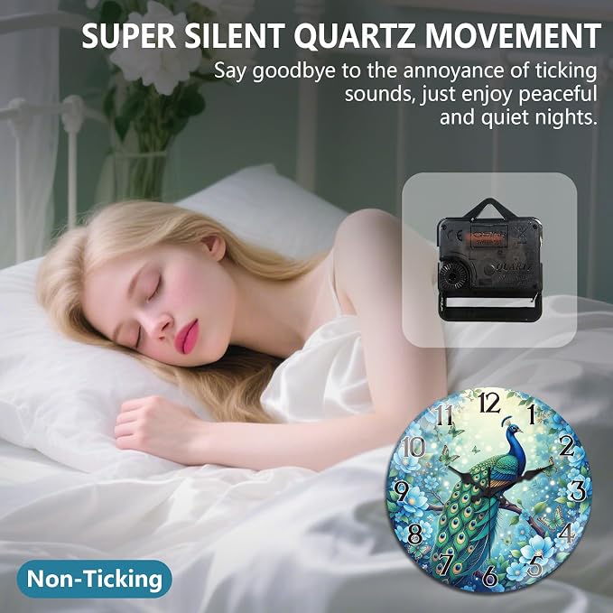 peacoblue Wall Clocks Battery Operated 12 Inch Peacock Glass Round Wall Clock Non Ticking for Kitchen Living Room Dining Room Bedroom and Bathroom Decor Accessories (Battery not Included)