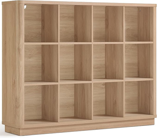Joaxswe 12 Cube Storage Organizer, 41" Large Bookshelf with Curved Edge, Wood Floor Standing 3-Tier Cubby Bookcase with Base, Rustic Display Storage Cabinet for Living Room, Home Office, Natural Oak
