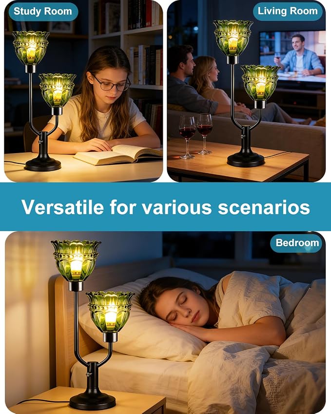 Lightdot Vintage Table Lamp for Bedroom Dimmable Mid Century Modern Black Desk Lamp Green Glass Nightstand Lamp 2 Bulbs Included Warmwhite Ambient Bedside Lamps for Living Room Home Office Decor Gift