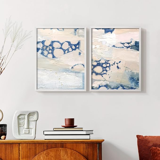 Renditions Gallery Set of 2 Peel & Stick Framed Prints, Textured Abstract Wall Art, Beach Themed Bubble Design Wall Decor, Re-Stickable - Ready to Hang - 22"x28" - White Frame LT588