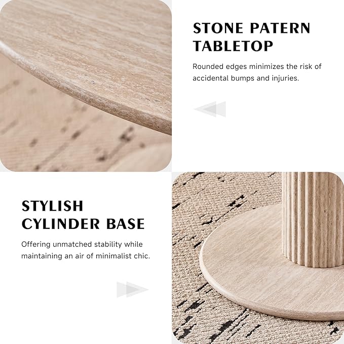 47" Round Dining Table for 4, [Cylinder Pedestal Base] [Stone-Patterned] Modern Circle Dinner Table for Kitchen Dining Living Room, Natual