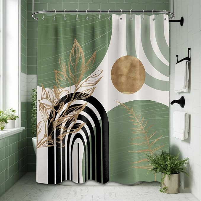 Sage Green Shower Curtain Boho Mid Century White and Light Green and Black Shower Curtains for Bathroom Decor, Waterproof Cloth Fabric with Hooks, 70" W x 84" L