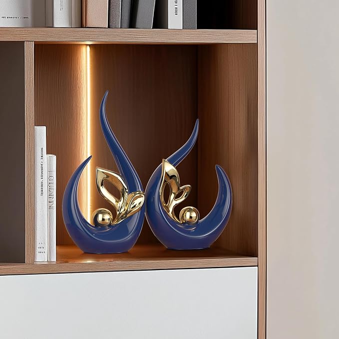 Navy Blue Gold Home Decor Accent,Abstract Ceramic Statue and Sculptures for Living Room,Mid Century Modern Decor for Desktop Bookshelf tv Stand Fireplace Coffee Table Centerpieces Decorations