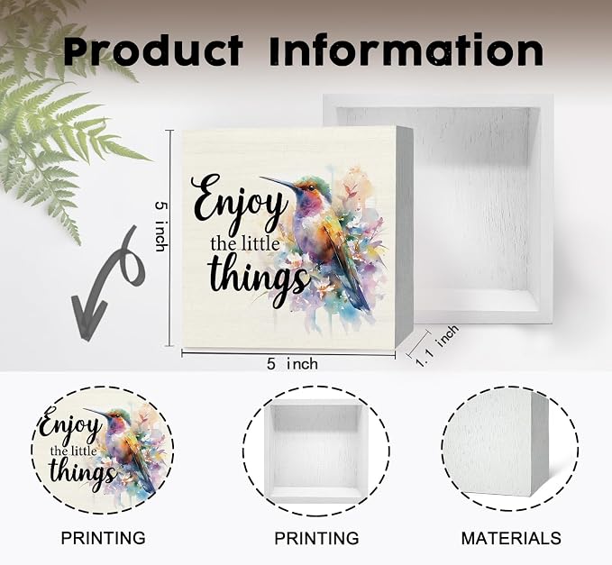 Hummingbird Decor - Hummingbird Gifts For Women, Inspirational Wooden Box Signs, Enjoy The Little Things Motivational Wood Decoration Home Decor For Desk Table Shelf 5x5 Inch