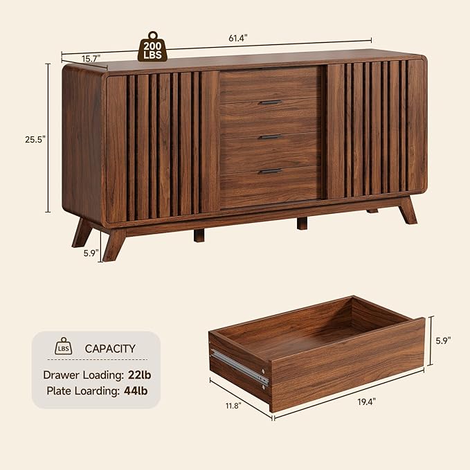 ONBRILL Sideboard Buffet Cabinet with Storage, Fluted Buffet Cabinet with Sliding Doors & 4 Drawers, Mid Century Modern Coffee Bar Wine Bar Credenza for Living Room, Kitchen (Walnut)