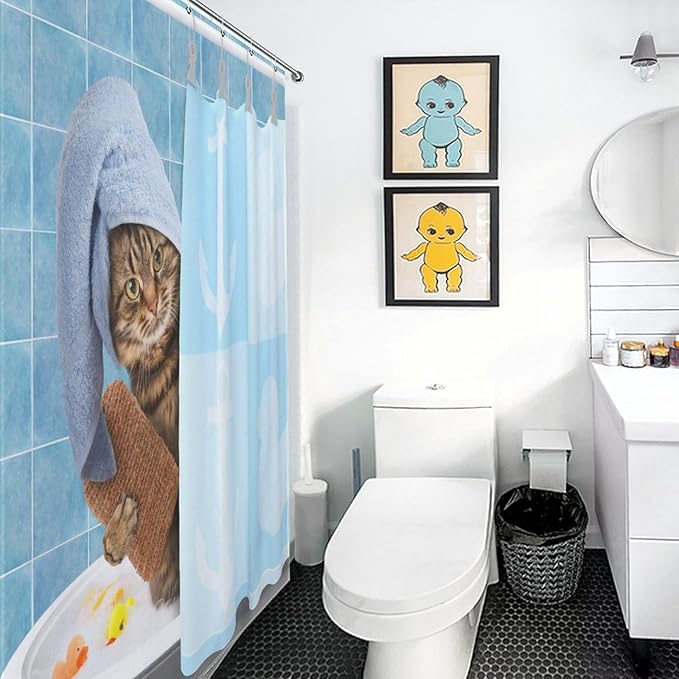 Cat Shower Curtain Funny Cat Taking Pattern Duty Fabric Shower Curtains Set Bathroom Polyester Waterproof with 12 Hooks,72x72Inch（183x183cm）