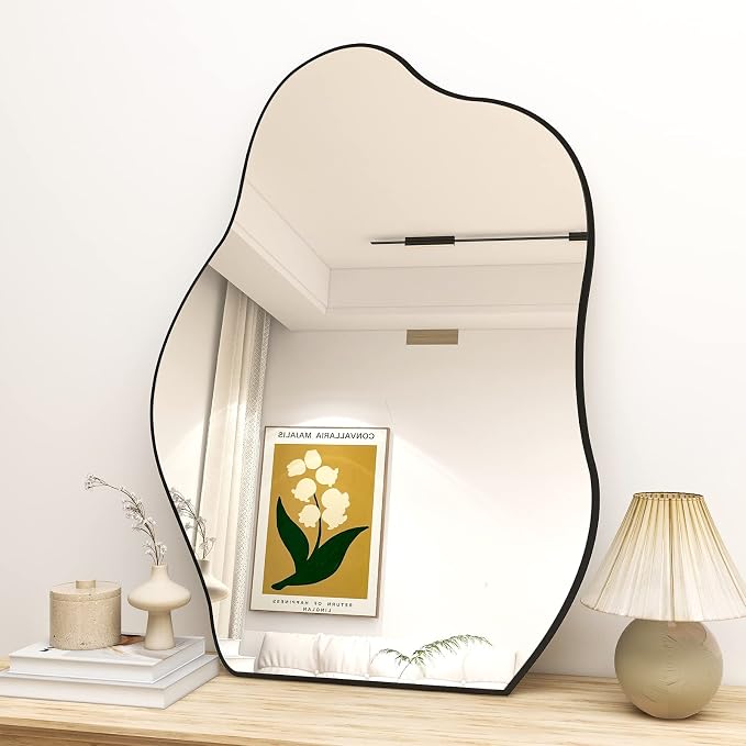 HARRITPURE Irregular Bathroom Mirror 22"x32" Black Modern Wall Mirror Wood Framed Asymmetrical Decorative Mirrors for Bedroom Living Room Entryway