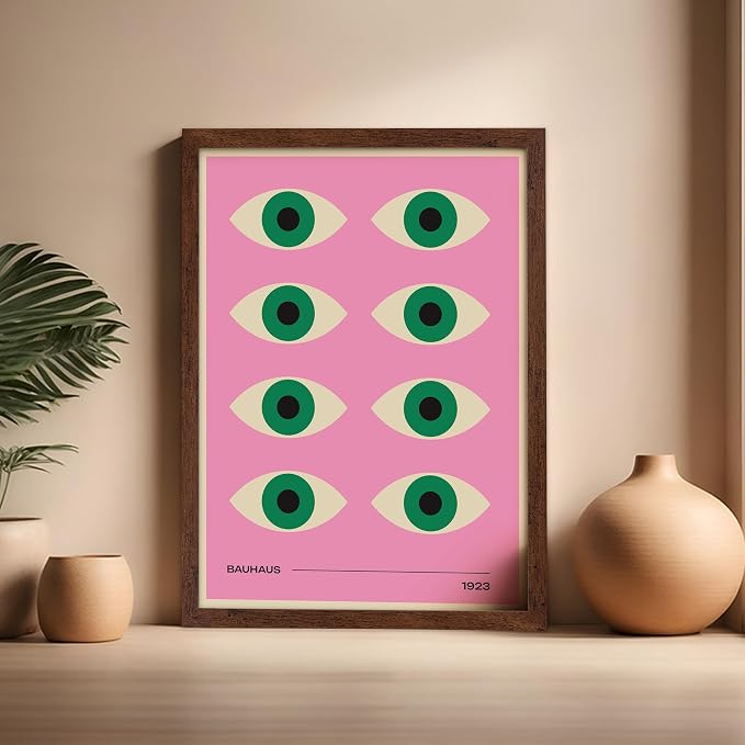 Poster Master Bauhaus Poster - Green Eyes Print - Graphic Design Art - Geometric Art - Chic Boho Art - Mid Century Modern Art - Abstract Art - Living Room or Bedroom Decor - 16x20 Brown Framed