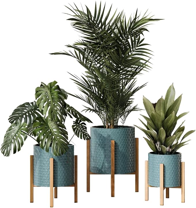 EverNest Mid-Century Modern Rhys Honeycomb Embossed Planter Pot with Kinsley Wood Stand, Metal Indoor Plant Pots, Blue Green Bohemian Style (Set of 3)