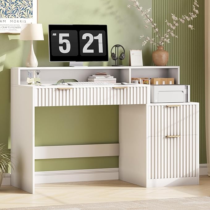 Vabches Fluted Computer Desk with Power Outlets, Home Office Desk with Drawers, Printer Stand, Wood Computer Desk with Long Monitor Stand, White