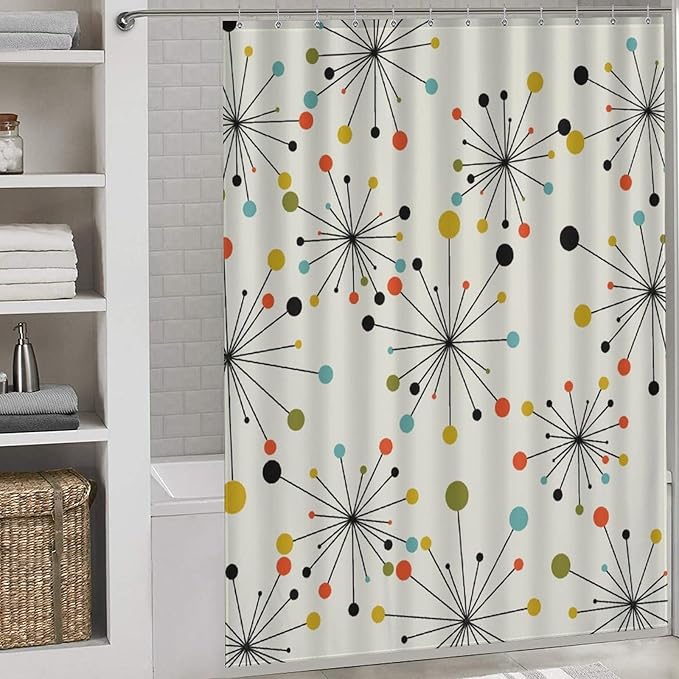 Mid Century Modern Shower Curtain, Geometric Atomic Abstract Iconic Pattern 1950s 1960s Retro Style Art Pastel Waterproof Fabric Bathroom Shower Curtain Set with Hooks,72"x78" Inch