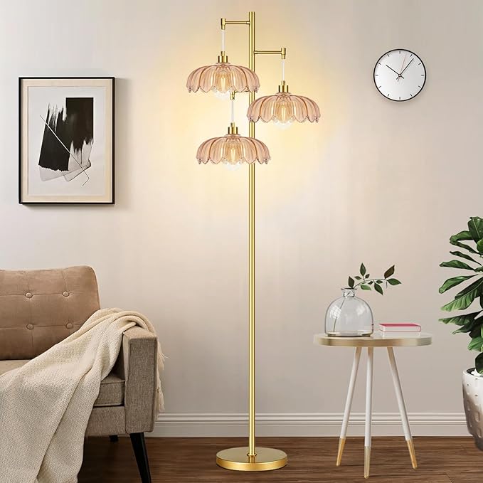 Glass Floor Lamp for Living Room,Bedroom,Gold Mid Century Modern Standing Lamp Brass Tree 3 Light Tall Floor Lamps Vintage Retro Floor Lights Flower Lamp Shade Farmhouse Boho Bohemian