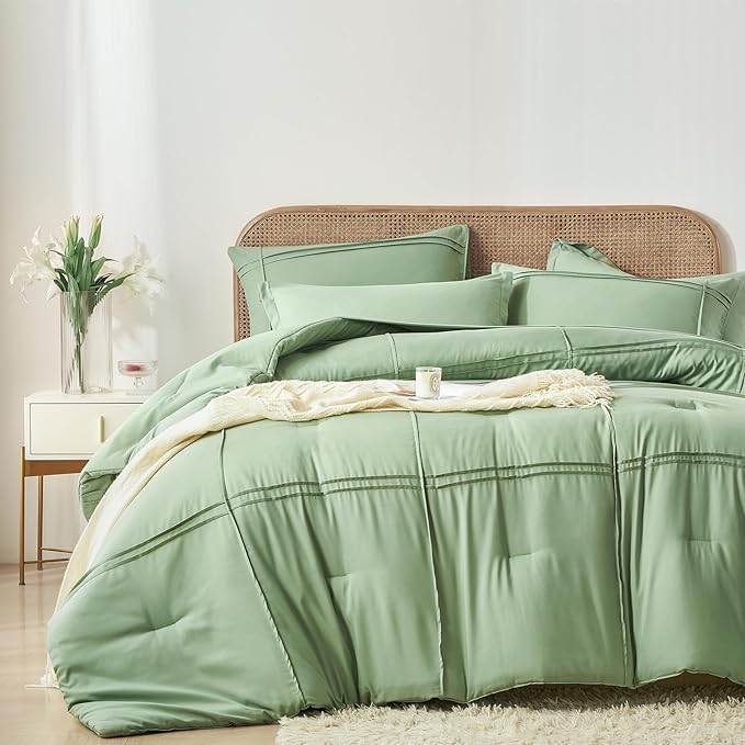 Yogeneg King Size Comforter Set 7 Piece Bed in a Bag,Grid Pinch Pleat Sage Green Bedding Set,Striped Textured Soft Microfiber Comforter with Sheet Set,All Season Complete Bed Set(Sage Green,King)