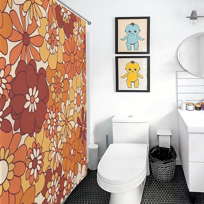 Groovy Floral Shower Curtain for Bathroom,Rustic Vintage Hippie Orange 70s Daisy Floral Flower Funky Trippy Cute Boho Waterproof Fabric Shower Curtain Set with Hooks, 72"x72"