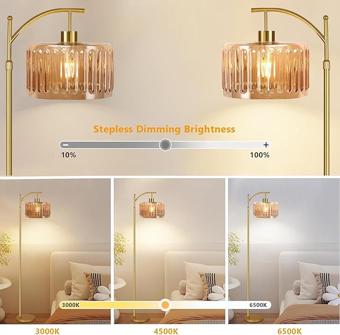 Glass Floor Lamp for Living Room,Bedroom,Gold Mid Century Modern Standing Lamp with Remote,Dimmable Brass Tall Lamp Amber Flower Lamp Vintage Floor Lamps Arc Floor Light Boho Bohemian