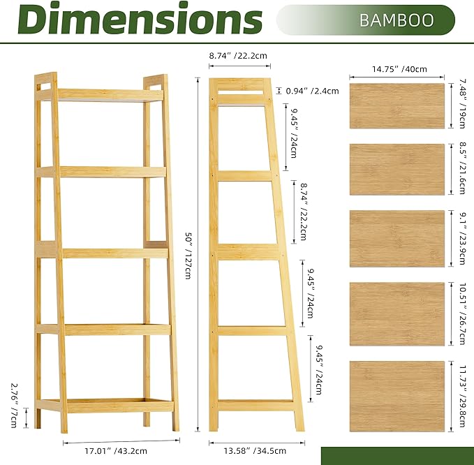 Bookshelf, 5 Tier Ladder Bookcase with Bamboo Frame, Freestanding Tall Narrow Display Plant Shelf for Living Room, Kitchen, Bedroom, Balcony, Natural