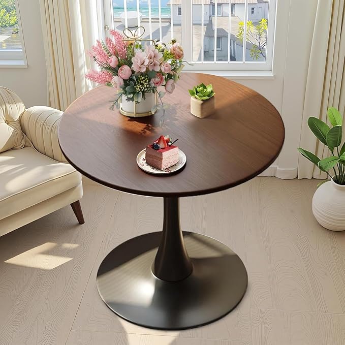 23.6 Inch Tulip Dining Table, Mid-Century Walnut Round Kitchen Table with MDF Tabletop and Pedestal Base, Modern Leisure Table for Small Space Kitchen Dining Room