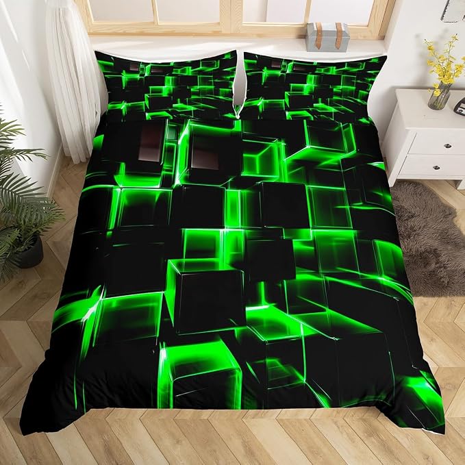 Erosebridal Honeycomb Bedding Sets Queen Size, 3D Modern Abstract Square Grid Duvet Cover for Kids Girls Boys Green Neon Light Geometric Print Bed Set Bedroom Decor, 3 Pieces