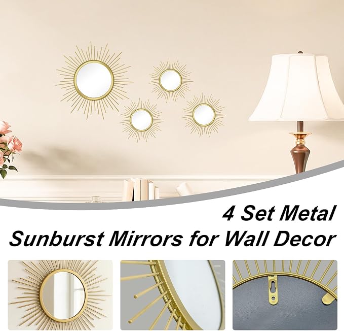 4 Set Metal Sunburst Mirrors for Wall Decor Living Room Bedroom Bathroom Dining Room Boho Gold Decorative Hanging Circle Vintage Art - Gold/Black/Silver 11.8 in/7.8 in