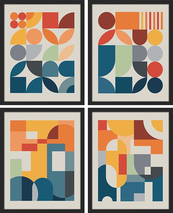 SIGNWIN Framed Mid-Century Modern Colorful Geometric Polygons Wall Art, Set of 4 Abstract Geometric Wall Decor Prints, Nature Wilderness Wall Décor for Living Room, Bedroom - 12"x16" Black