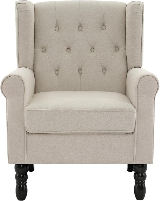 High Back Accent Chairs Set of 2, Fabric Upholstered Armchair Wingback Chair for Living Room, Comfy Single Sofa Bedroom Reading Seat with Solid Wood Legs, Beige