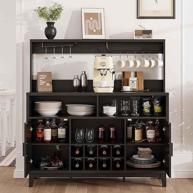 Fluted Buffet Cabinet with Storage, Modern Coffee Bar Cabinet with Outlet, Removable Wine Rack, Multi-Functional Accent Liquor Cabinet for Living Room, Entryway, Kitchen, Black