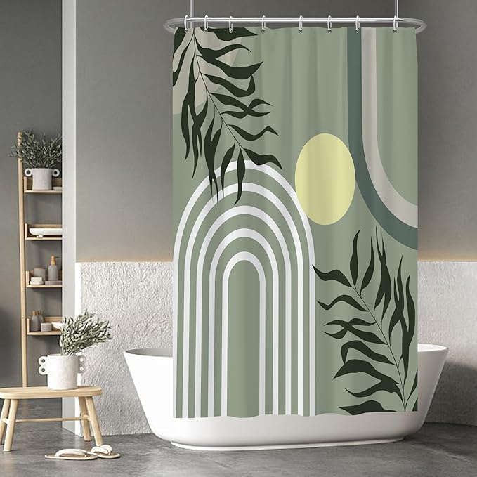 Baocicoo Green Minimalism Boho Shower Curtain Mid Century Abstract Sun Shower Curtain for Bathroom Modern Hostel Hotel Durable Polyester Waterproof Curtain for Bathroom with Hooks 48x72 Inches