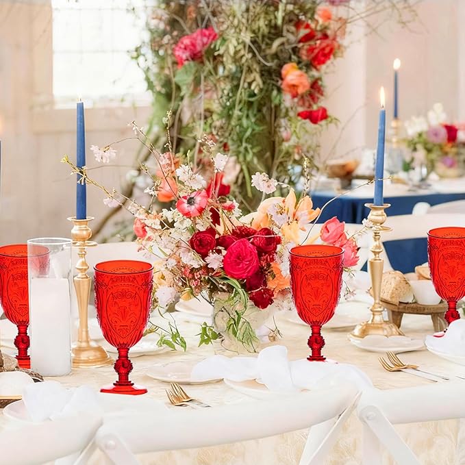 JLYLOL Plastic Wine Glasses 24Pcs Plastic Goblets 7.5oz Colored Retro Embossed Glassware Vintage Stemmed Drinking Cup Reusable Water Goblets for Wedding Reception Grand Event Party Bar,Whiskey (Red)