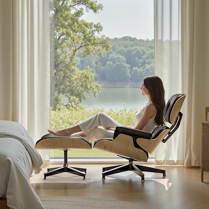 Top Cream White Grain Leather, Mid Century Chaise Lounge Chair and Ottoman, Modern Chair Classic Design, Walnut Wood, Heavy Duty Base Support for Living Room Office