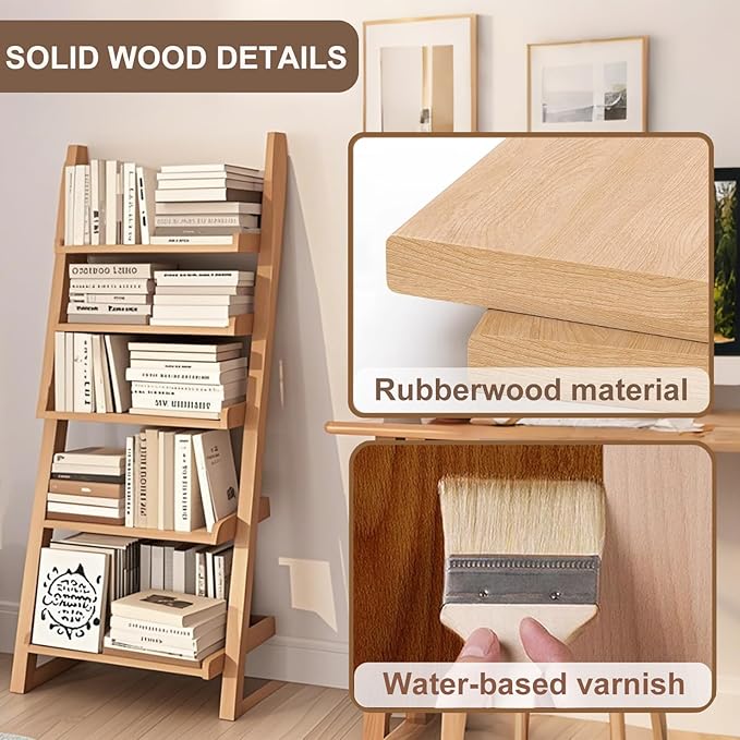 Ladder Shelf Bookcase, 5 Tier Wooden Ladder Bookshelf Space-Saving, Freestanding Storage Rack Organizer for Living Room, Home Office and Bedroom, Wood Color