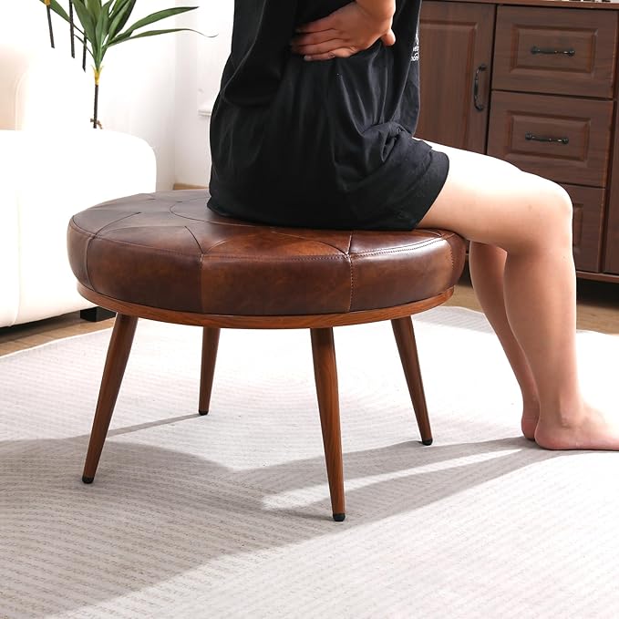 Round Ottoman Coffee Table, 24in Faux Leather Cushioned Footstool Ottoman,Stationary Ottomans, Backless Chair, Footrest for Living Room, Bedroom, Padded Seat, Brown