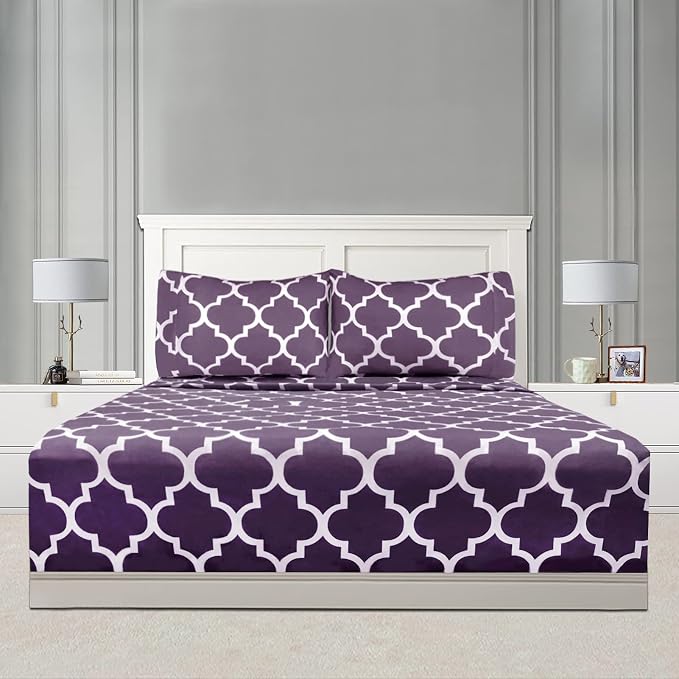 Mejoroom Full Bed Sheet Set - Super Soft Brushed Microfiber 1800 Thread Count Sheets with 16 inch Deep Pocket - Wrinkle Free - 4 Piece(Full, Purple Quatrefoil with White Pattern)