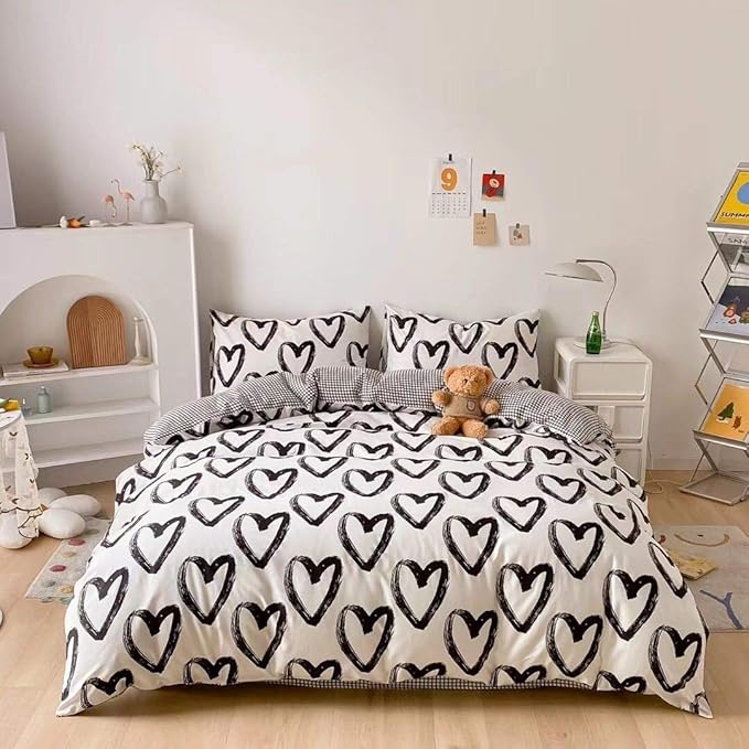 Pureant Love Comforter Set King Black and White Comforter Cotton Boho Black Quilts Women Men Heart Shaped Comforters Boys Teens Kawaii Comforter Cute Soft White Bedding Love Heart King Size Bedding