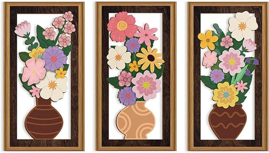 Celestdeco 3 Pcs Boho Flower Wall Decor,Boho Flower Wood Wall Art,Bohemian Floral Artwork Wooden,Pink Wildflower Wood Art Set,Flowers Potted Plant Bohemian Artwork for Living Room Bedroom Office