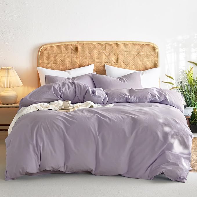 Wake In Cloud - Cotton Duvet Cover Set, 100% Washed Cotton, Linen Like Textured, Breathable Durable Comfy Farmhouse Neutral Bedding Set, 3 Pieces, Light Purple, Full Size