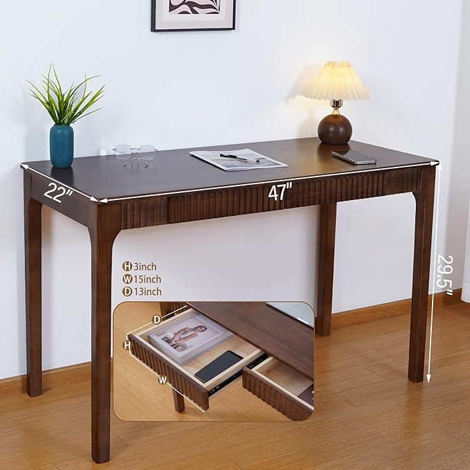 Solid Wood Desk with Drawer, Small Writing Desk for Small Spaces,Gaming Study Home Office Workbench woodenDesks for Work, 47 inch Wooden Computer Desk for Bedroom Walnut Color