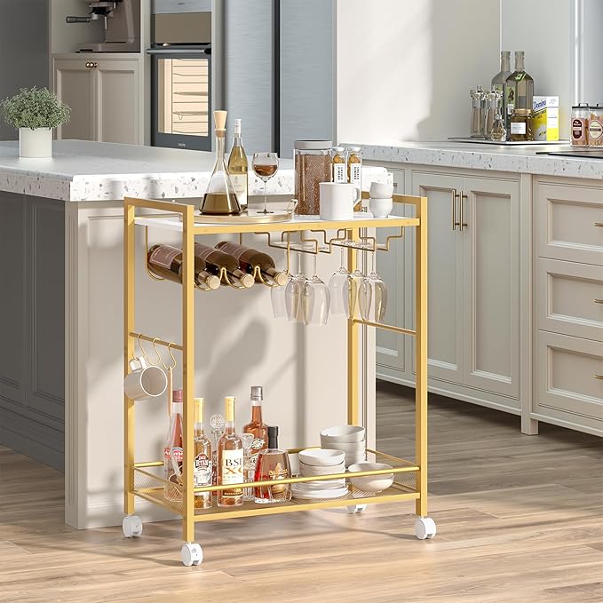 Bar Cart, Home Bar Serving Cart with 2-Tier Shelf,Rolling Beverage Cart with Wheels,Mobile Kitchen Shelf,Modern Wine Drink Cart with Wine Rack and Glass Holder for Kitchen,Dinning Room,Gold