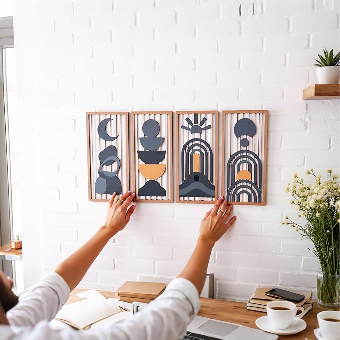 SHENGTIAN Boho Wall Art Set of 4 Modern Minimalist Wooden Narrow Vertical Blue Wall Decor, Abstract Geometric Wood Wall Art, Unique Hanging Room board wall mounted sculpture [E style - cool color]