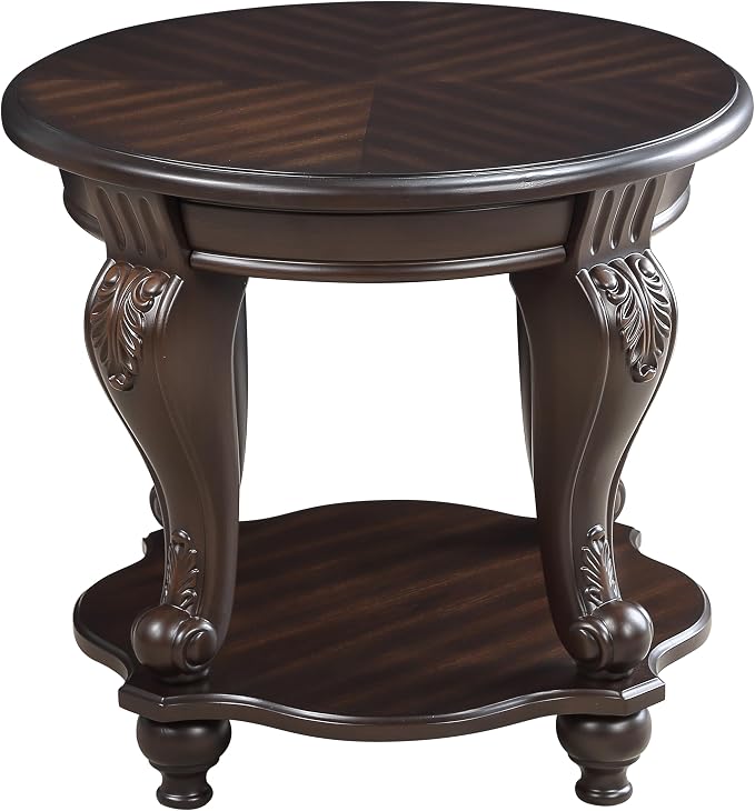 JIJIWANG Wood Round Sofa Table with Antique Carved Legs Oval End Table with Buttom Shelf for Small Space, Espresso