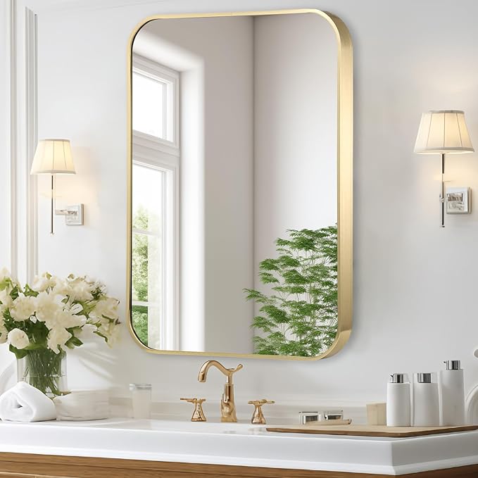Gold Bathroom Mirror, 20x30 Inch Brushed Gold Mirror, Aluminum Alloy Framed Vanity Mirror, Rounded Rectangle Bathroom Mirror for Over Sink, Anti-Rust Wall Mirror (Horizontally or Vertically)