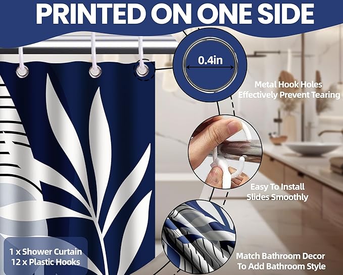 Navy Blue Shower Curtain Boho Mid Century Modern Blue and White Shower Curtain for Bathroom Decor Sets, Waterproof Fabric with Hooks, 70" W x 72" L