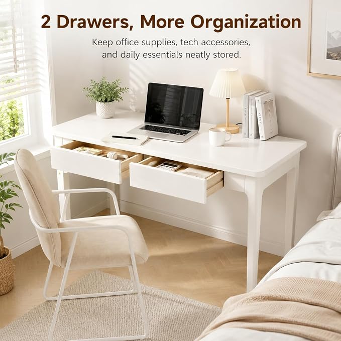 Mid Century Modern Desk with Drawers,39.4 inch Solid Wood White Writing Desk for Home Office Bedroom,Small Computer Desk for Spaces Easy Assembly