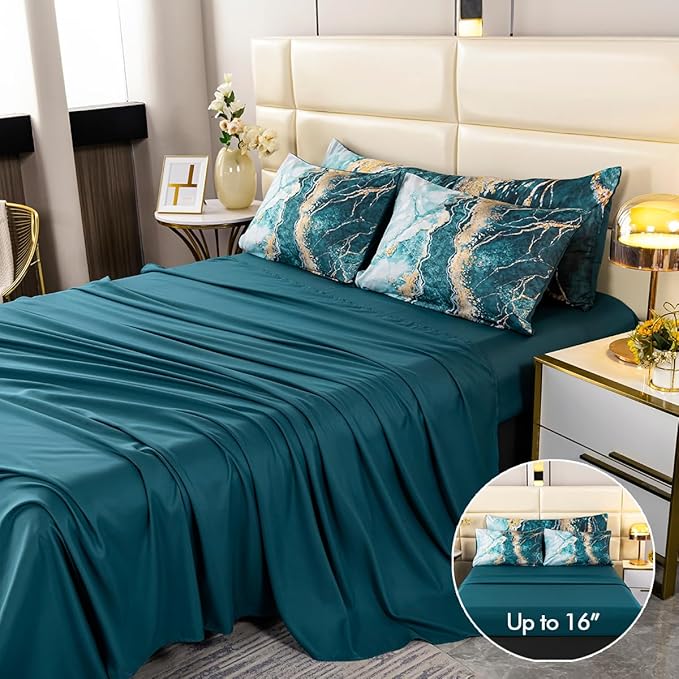 PERFEMET 6 Pieces Full Size Comforter Set Aqua Gold Bed in A Bag Watercolor Marble Bedding Comforter with Sheets Soft Lightweight Abstract Artwork Green Bed Sets for All Season Use(Aqua, Full)